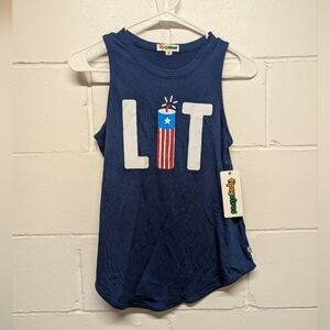4th of July Tipsy Elves Womens Blue 'LIT' Fireworks Tank Top New with Tags XS